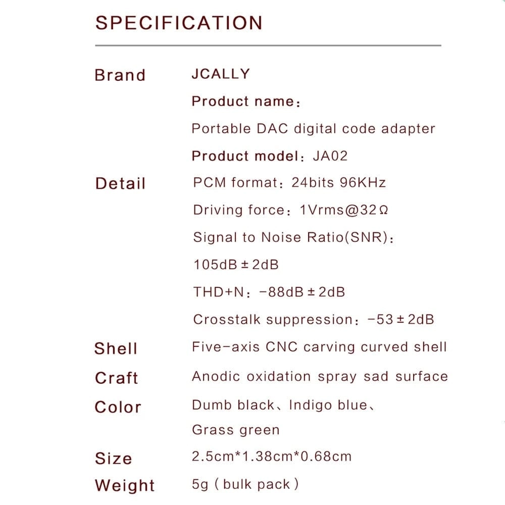 JCALLY JA02 Digital Audio Decoder Adapter Type-C To 3.5mm