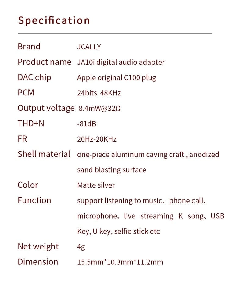 JCALLY JA56 / JA10i C100 Lighting / Type-c to 3.5mm Earphone Digital Audio Adapter For Android IOS