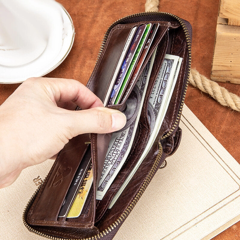Men Genuine Leather Bifold Large Capacity RFID Anti-theft 12 Card Slots Card Holder Coin Purse Money Clip Wallet