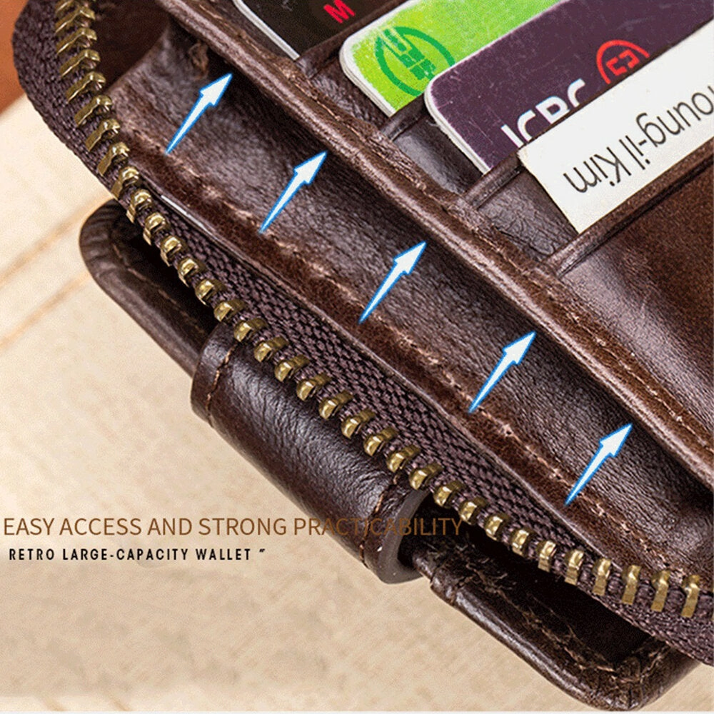 Men Genuine Leather Bifold Large Capacity RFID Anti-theft 12 Card Slots Card Holder Coin Purse Money Clip Wallet