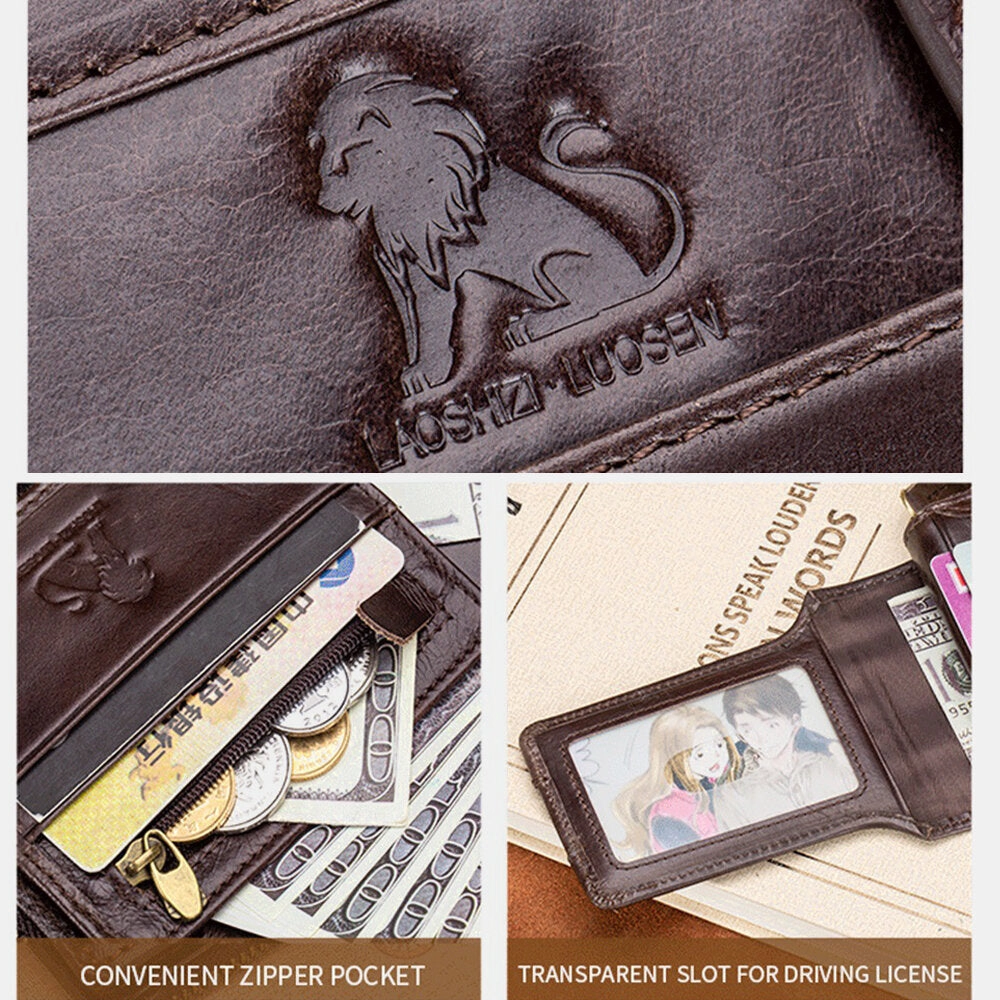 Men Genuine Leather Bifold Large Capacity RFID Anti-theft 12 Card Slots Card Holder Coin Purse Money Clip Wallet