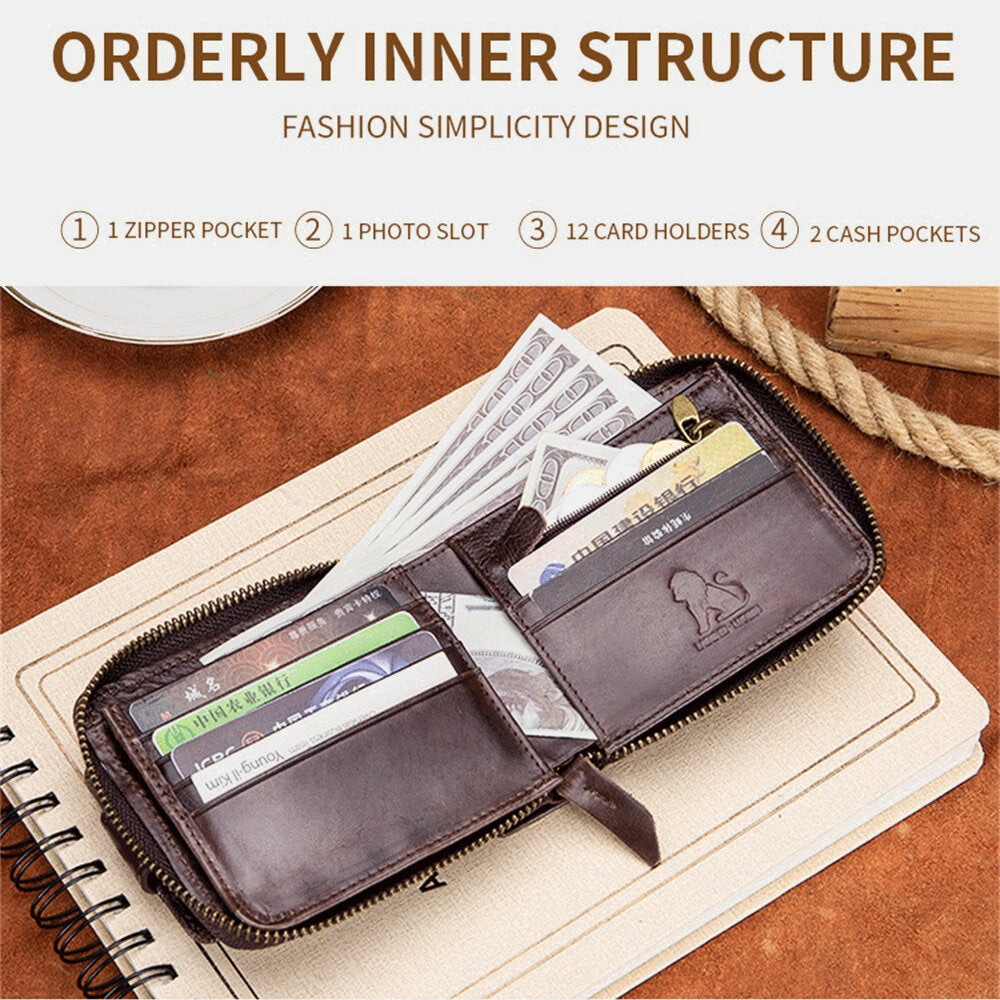 Men Genuine Leather Bifold Large Capacity RFID Anti-theft 12 Card Slots Card Holder Coin Purse Money Clip Wallet
