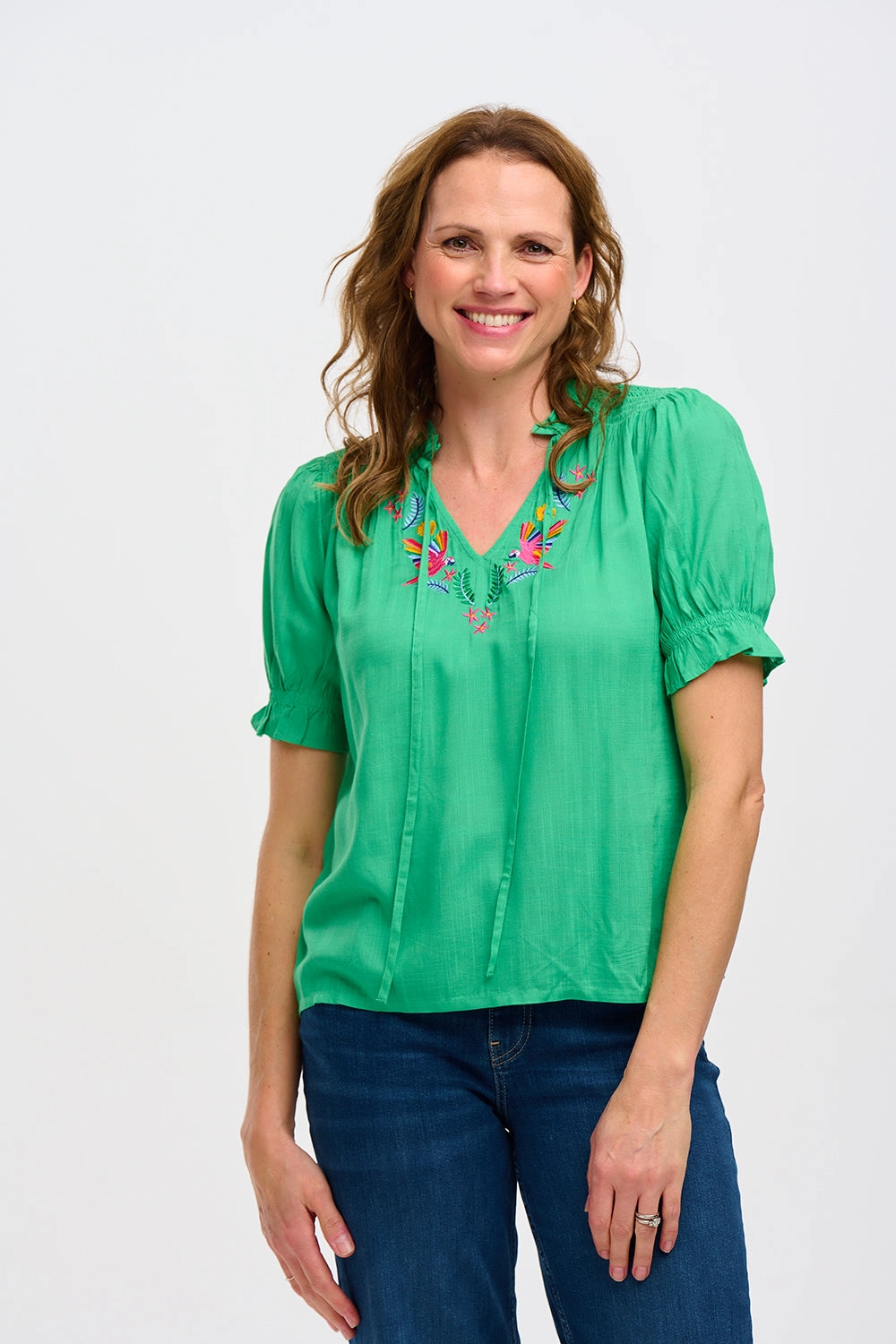 Sugarhill Angelique Shirred Top Rainbow Parrots Embroidery Green